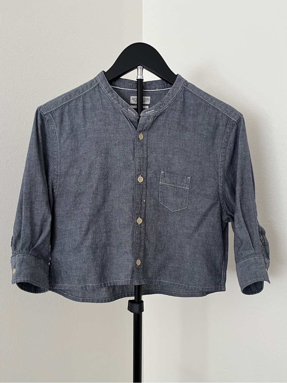 🇬🇧 AllSaints Cropped Band-Collar Chambray Top | London Cool | Small - Picture 11 of 11